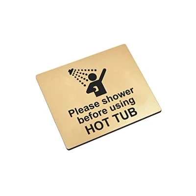 Image of Please Shower Before Using Hot Tub Sign Waterproof Adhesive Sticker Notice, SILVER/GOLD/BLUE engraved with Universal Icon Symbol and Text (Size 12cm x 10cm) (Gold)