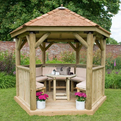 Image of 10&#039;x9&#039; (3x2.7m) Luxury Wooden Furnished Garden Gazebo with New England Cedar Roof Seats up to 10 people