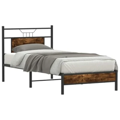 Image of vidaXL Bed Frame Single, Engineered Wood &amp; Steel, Smoke Oak, 90x190 cm, Bedroom Furniture