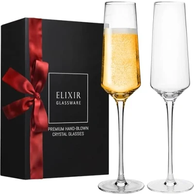 Image of ELIXIR GLASSWARE Classy Champagne Flutes Hand Blown Crystal Glasses Set of 2 Elegant Flutes, 100% Lead Free Premium Gift for Wedding, Anniversary, Christmas 8oz, Clear
