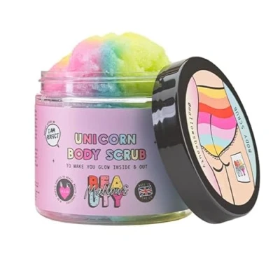 Image of Mallows Beauty Unicorn Body Scrub, with Vitamin E, Exfoliating Sweet Sugar Prevents Strawberry Legs, Vegan and Handmade in the UK, 240g