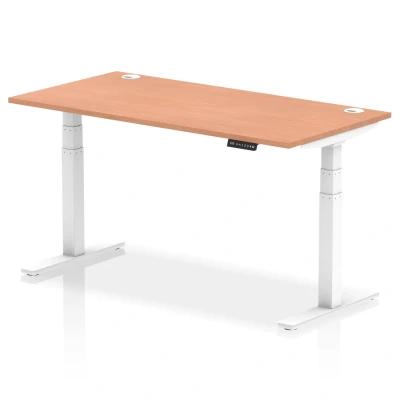 Image of Air 1600x800mm Height Adjustable Desk Beech Top Cable Ports White Leg
