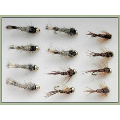 Image of Gold Head Trout flies, 12 Pack Goldhead Hares Ear &amp; Pheasant Tail Nymph 10/12