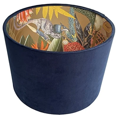 Image of Navy Blue Velvet Tropical Jungle Animals Lampshade Ceiling Light Shade Gold Parrot Bird Chameleon Leaf