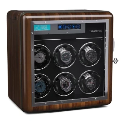 Image of Klarstein Automatic Watch Winder for 6 Watches, Luxury Storage Box, Acrylic Window Display Case, Auto Uk Men &amp; Women, Blue LED, 5 TPD Settings, Spring Tension Motor