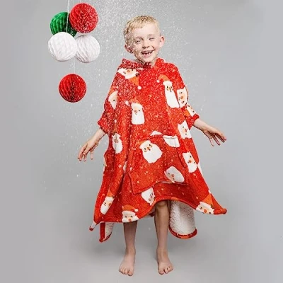 Image of Bedlam Hoodie (75 x 92cm) Super Soft &amp; Cosy Fleece Santa Claus Kids Father Wearable Throw Blanket Snuggy Christmas Decorations, Polyester, Red, 75 92.5cm