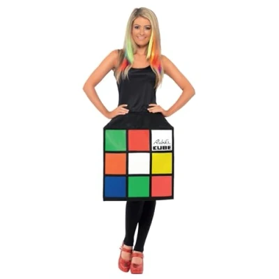 Image of Smiffys Rubik&#039;s Cube 3D Dress Costume for Adults, Multi Coloured Dress, Official License Outfit with Signature Logo Themed Events, Stand Out Retro Flair
