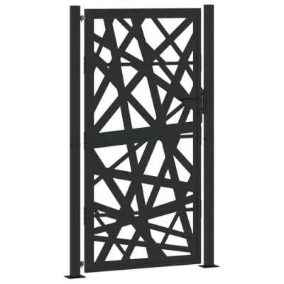 Image of vidaxl black steel garden gate 105x180 cm lockable patio/fence entry laser cut design weather resistant easy assembly