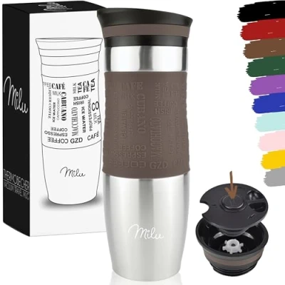 Image of Milu Thermo Mug 370ml 450ml Insulated Coffee to go 100% Leak Proof Stainless Steel Drinking Car Double Wall Insulation Travel (Brown, 450ml)