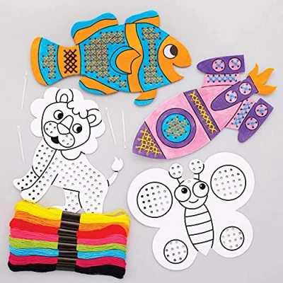 Image of Baker Ross FE498 Colour in Cross Stitch Kits Pack of 8, Sewing for Beginners, Make Your Own Kids, Children