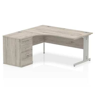 Image of Impulse 1600mm Left Crescent Office Desk Grey Oak Top Silver Cable Managed Leg Workstation 600 Deep High Pedestal