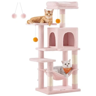 Image of Feandrea Cat Tree, 112 cm Tower for Indoor Cats, Multi Level Plush Condo with 4 Scratching Posts, 2 Perches, Cave, Hammock, Pompoms, Jelly Pink PCT261P01