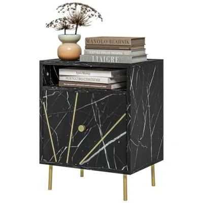 Image of HOMCOM Marble Effect Bedside Table, Modern Side Table with Drawer, Open Shelf and Gold Tone Metal Legs for Bedroom, Living Room, Black