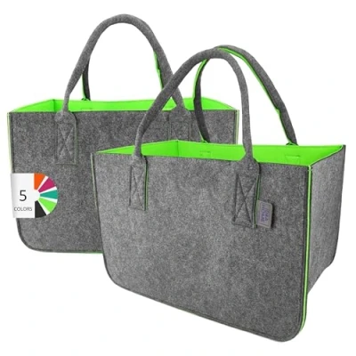 Image of LEVIATAN Felt Bag 2 Pieces Shopper Large 30 Litre Shopping XXL Foldable Basket Firewood Clothes Toy Dark Grey/Lime Colour, XL