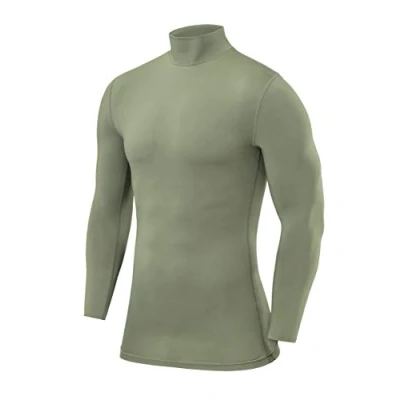 Image of PowerLayer Men&#039;s Compression Base Layer Top Long Sleeve Under Shirt Mock Neck Army, S