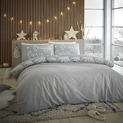 Image of Catherine Lansfield Bedding Snuggle Polar Bears Double Duvet Cover Set with Pillowcases Stone Grey, Set,