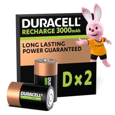 Image of Duracell D Rechargeable Batteries (Pack of 2), 3000 mAh NiMH, Long Lasting Power