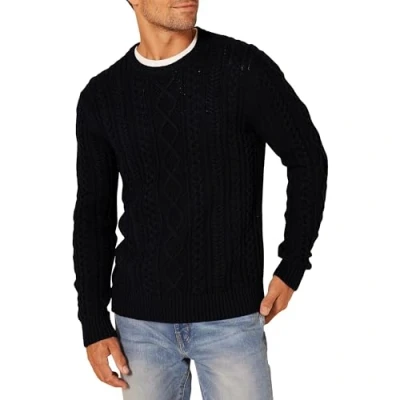 Image of Amazon Essentials Men&#039;s Long Sleeve 100% Cotton Fisherman Cable Crewneck Jumper, Black, S