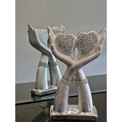 Image of Biznest Silver Crushed Diamond Sparkle Ornament Bling Heart &amp; Hand