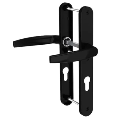 Image of Bricard 788923. Set of Handles on Emetal Plate. Kickstand and for Front Door (for European Cylinder). Black Lacquer. 247 x 25 mm