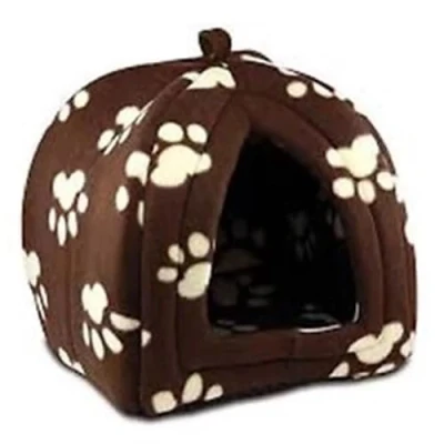Image of Igloo Pet Bed Cat Kitten Dog Cozy Fleece Pyramid House with Cushion Warm, Washable &amp; Foldable (Brown, One Size)