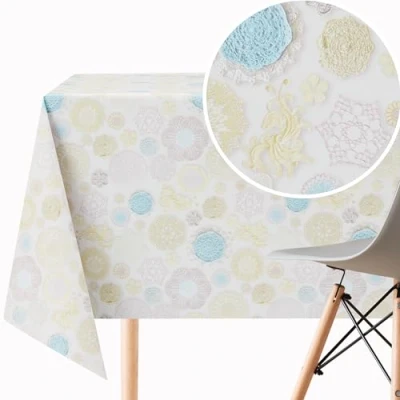 Image of KP HOME Beige PVC Table Cloth Wipe Clean Tablecloth Oilcloth in Laces Blue Print Rectangular 200 x 140 cm 78x55 6 Seats Wipeable Waterproof Vinyl Protector Plastic Cover Shabby Chic