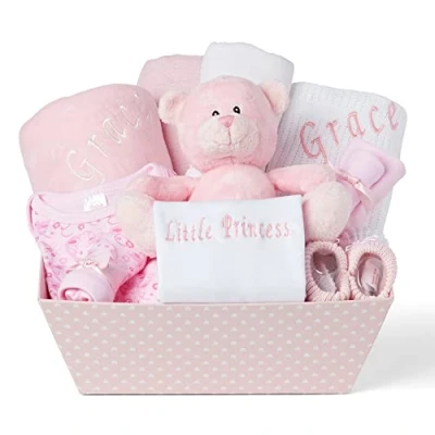 Image of Baby Box Shop Personalised Gift Set 12 Girl Essentials with 3 Gifts Gifts, Newborn Hamper Basket Blankets, Pink