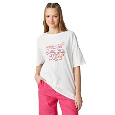 Image of Koton Women&#039;s Short Sleeve Crew Neck Back Printed T Shirt, Ecru (010), XS