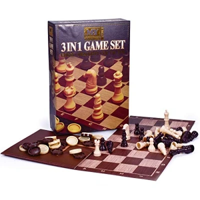 Image of 3 in 1 Traditional Retro Board Game Set Compendium Chess, Draughts, Tic Tac Toe