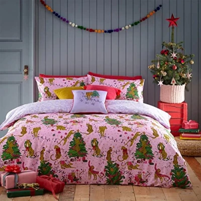 Image of furn. Purrfect Christmas King Duvet Cover Set, Cotton, Polyester, Pink/Lilac, PURRFC/D03/PNLI