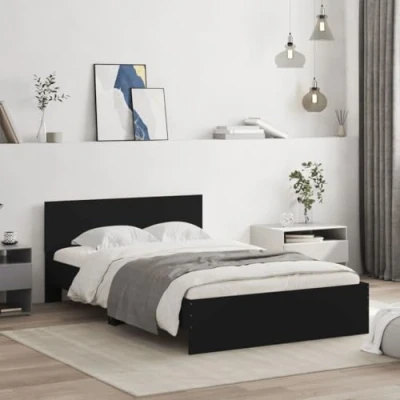 Image of vidaXL Bed Frame with Headboard Engineered Wood Base Modern Black 120x190 cm Plywood Slats Small Double for Bedroom Mattress Not Included