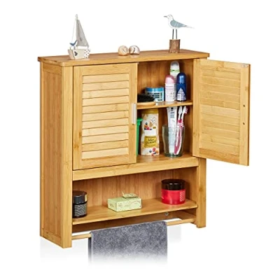 Image of Relaxdays LAMELL Bamboo Cabinet: 66 x 60 20 cm Bathroom Wall Mount Hanging Cupboard with 2 Doors and Sheves, Storage Shelves, Natural