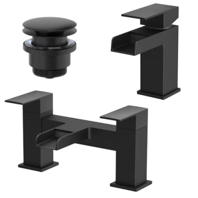 Image of Black Bathroom Taps Basin Sink Tap Single Lever Mono Mixer &amp; Twin Bath Filler Set with Push Button Waste