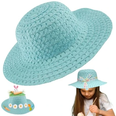 Image of Girls Kids Easter Bonnet Hat, Straw Hat for costume Princess Toddler Children&#039;s Birthday Supplies in Pastel Blue Colors Tea Party Hats, Spring accessory, Size 52cm