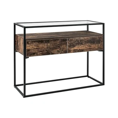 Image of Modern Console Table Glass Tabletop Metal Frame 2 Drawers Dark Wood 100 x 40 cm Mauk