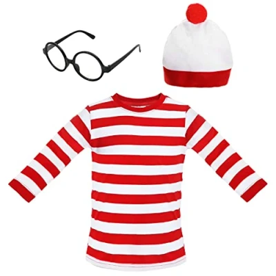 Image of Kids &#039;Find Me&#039; Book Character Costume Large Long Sleeve Red &amp; White Stripe Top + Bobble Hat Black Nerd Glasses Fancy Dress Set for World Day