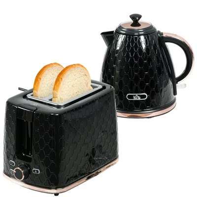 Image of HOMCOM Kettle and Toaster Set, 1.7L 3000W Fast Boil Jug with Auto Shut Off, 2 Slice 7 Level Browning Controls &amp; Crumb Tray, Black