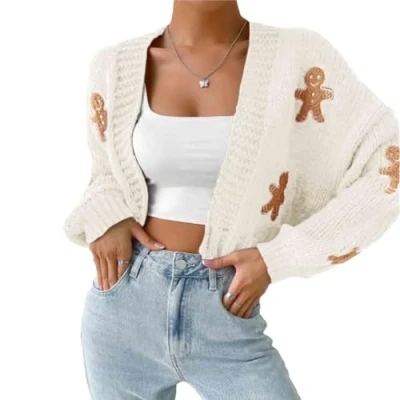 Image of Gingerbread Cardigan, Sweater Women, Christmas Open Front Cropped Cardigan Sweaters(Apricot,S)