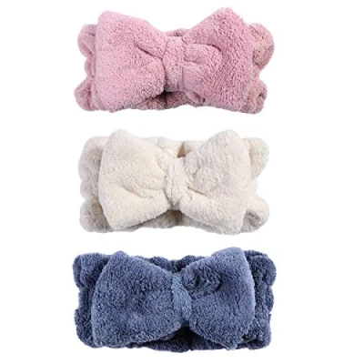Image of Frcolor Bowknot Hair Bands Elastic Coral Plush Make up Face Wash Shower Headband for Women Girl 3Pcs (Blue Pink White)