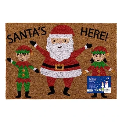 Image of JVL Festive Christmas Latex Backed Coir Doormat, Santas Here, Red, Size: 40x58cm Approx