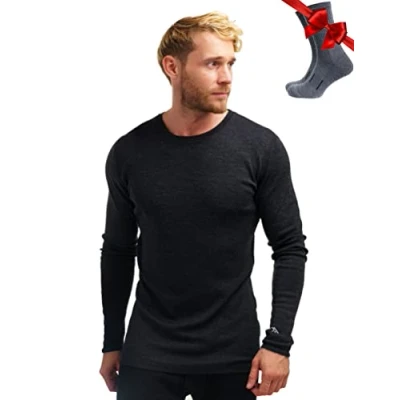 Image of Merino.tech Merino Wool Base Layer Men 100% Long Sleeve Thermal Shirts Heavyweight (Medium, 320 Black)