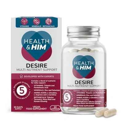Image of Health &amp; Him Desire Supplements for Men 60 Capsules with Maca Root Korean Ginseng Vegan, Gluten Free
