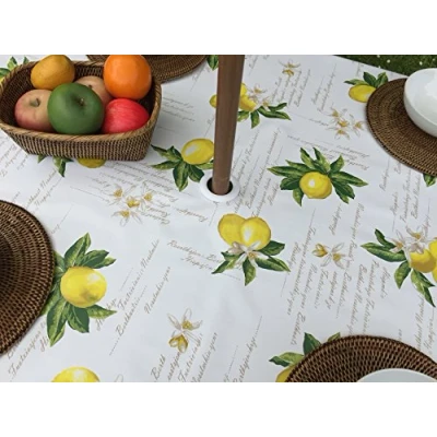 Image of 55&quot; DIAMETER ROUND PVC/VINYL GARDEN TABLECLOTH YELLOW LEMONS WITH PARASOL HOLE