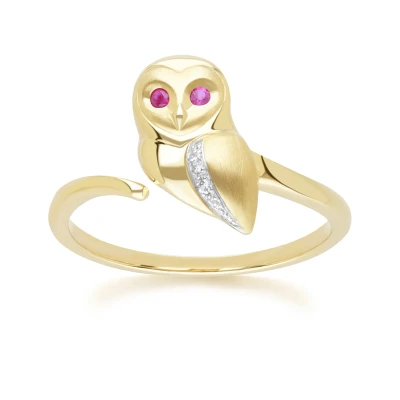 Image of Gardenia Ruby and White Sapphire Owl Ring in 9ct Yellow Gold Size: P