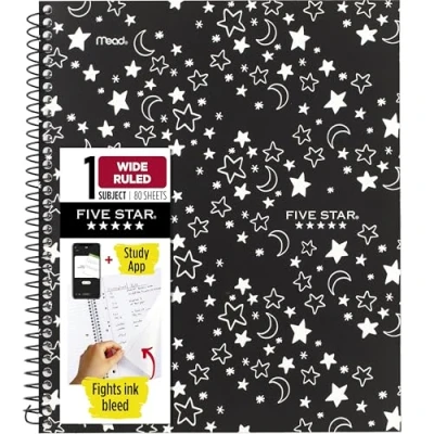 Image of Five Star Spiral Notebook + Study App, 1 Subject, Wide Ruled Paper, 10 1/2&quot; x 8&quot;, 80 Sheets, Glow (930020F)
