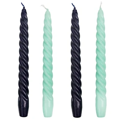 Image of Italian Spiral Twisted Tapered Dinner Candles Unscented Navy Blue and Mint Green Made by Talking Tables 4pack
