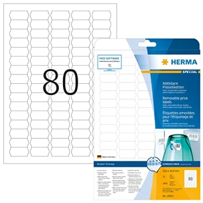 Image of HERMA Self Adhesive Price Labels, 80 Labels per A4 Sheet, 25 Sheets, 35.6 x 16.9 mm, 2000 Blank Removable Pricing Stickers, Sticky for Laser &amp; Inkjet Printer, White