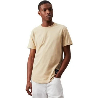 Image of Calvin Klein Jeans Men&#039;s Badge Turn Up Sleeve S/S T Shirt, Pale Khaki, XXS