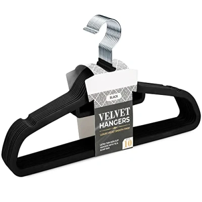 Image of Non Slip Velvet Coat Hangers Slim Flocked Wardrobe Coathanger for Clothes, Trouser, Scarf, Suit Black 100