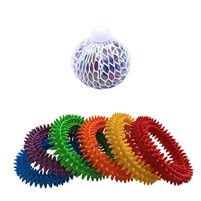 Image of Playlearn Set of 4 Soft Spiky Sensory Ring Bracelet Fidget &amp; Squeeze Ball with Beads Toy Flexible and Rubber Spikes Anxiety for Kids Helps Reduce Stress Children